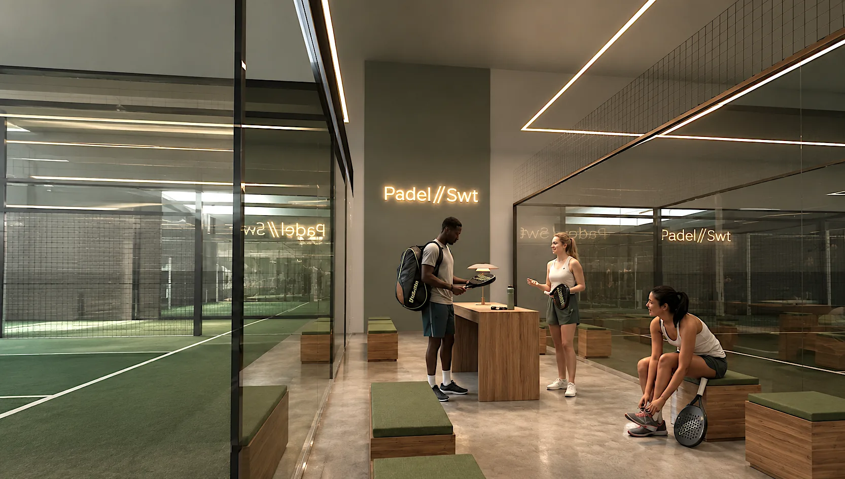 Corridor with glass court walls